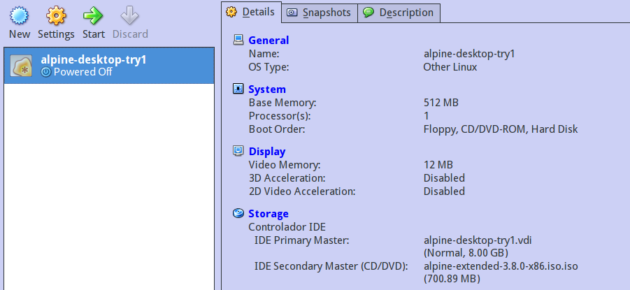 Alpine configuration commonly used of a virtual machine on virtual box virtual machine